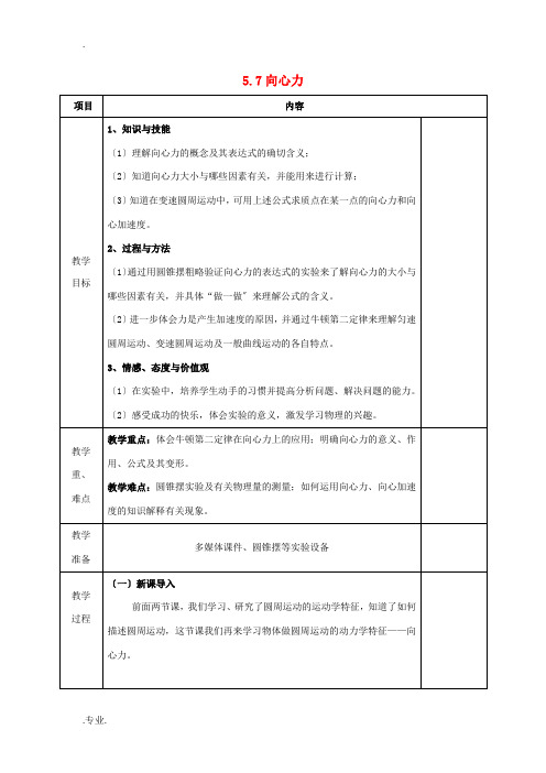 高中物理 第5章 曲线运动 5.6 向心力教案 新人教版必修2-新人教版高一必修2物理教案