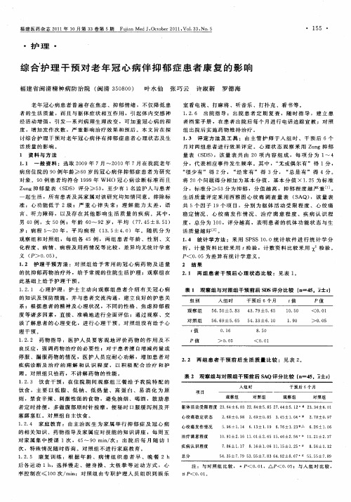 综合护理干预对老年冠心病伴抑郁症患者康复的影响