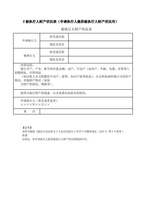 2被执行人财产状况表(申请执行人提供被执行人财产状况用)