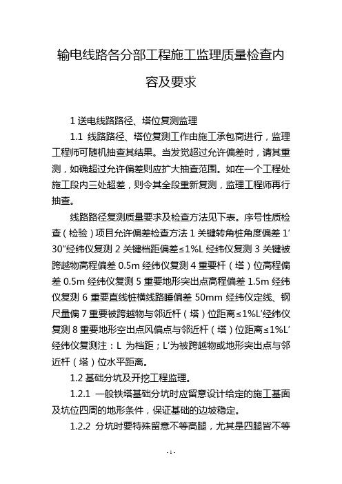 输电线路各分部工程施工监理质量检查内容及要求