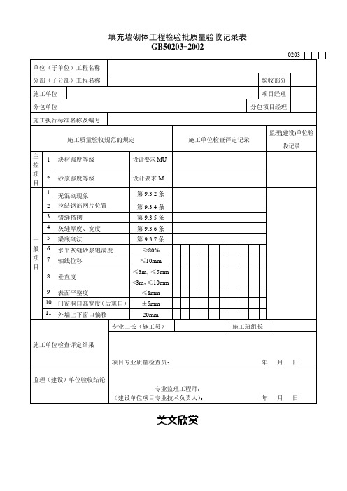 填充墙砌体工程检验批质量验收记录表