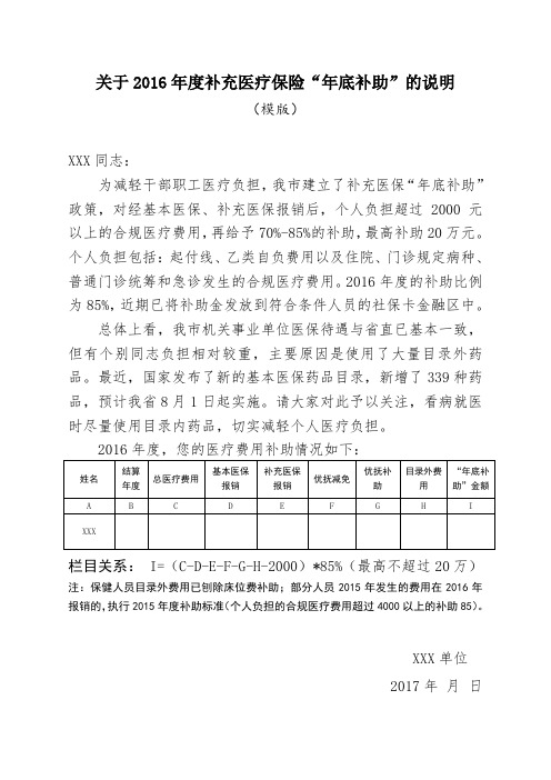 关于2016年度补充医疗保险年底补助的说明