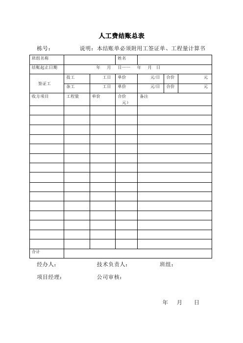 劳务结算表格(空表)