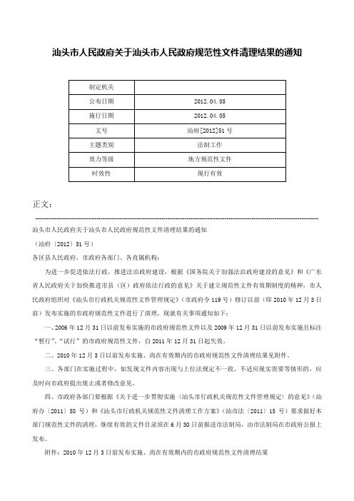 汕头市人民政府关于汕头市人民政府规范性文件清理结果的通知-汕府[2012]51号