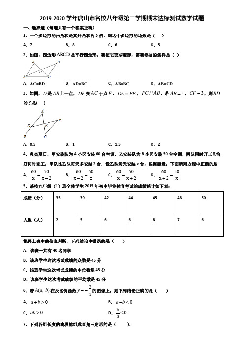 2019-2020学年唐山市名校八年级第二学期期末达标测试数学试题含解析