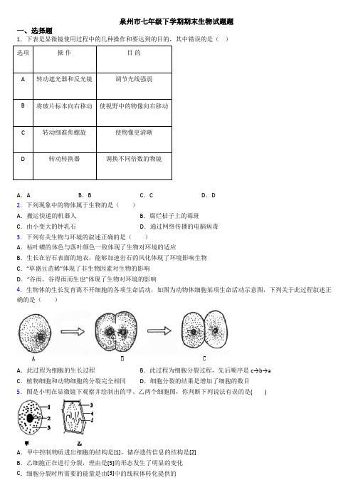 泉州市七年级上学期期末生物试题题