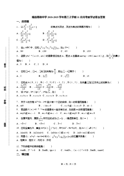 随县高级中学2018-2019学年高三上学期11月月考数学试卷含答案