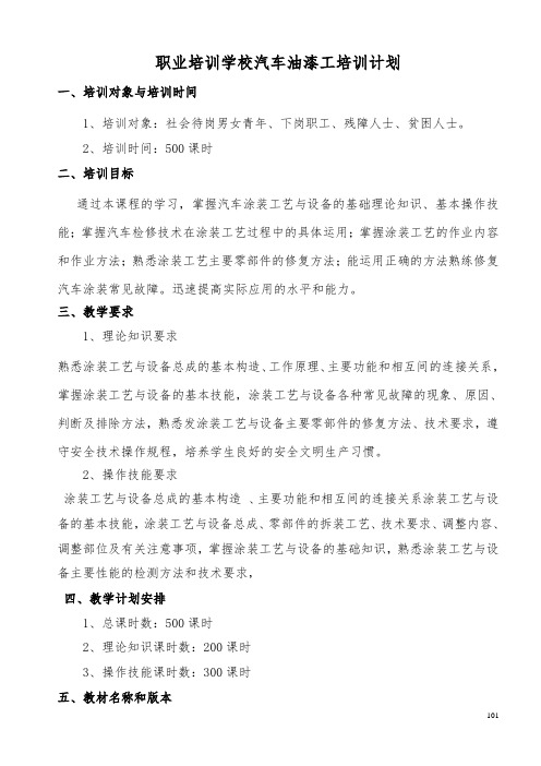 汽车油漆工教学计划与培训大纲