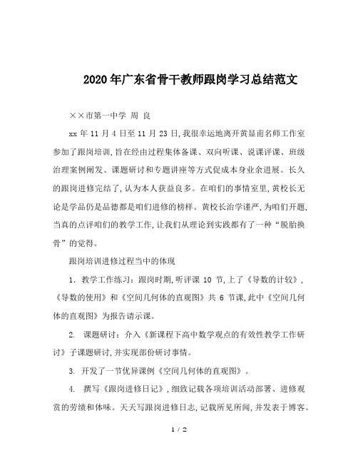 2020年广东省骨干教师跟岗学习总结范文