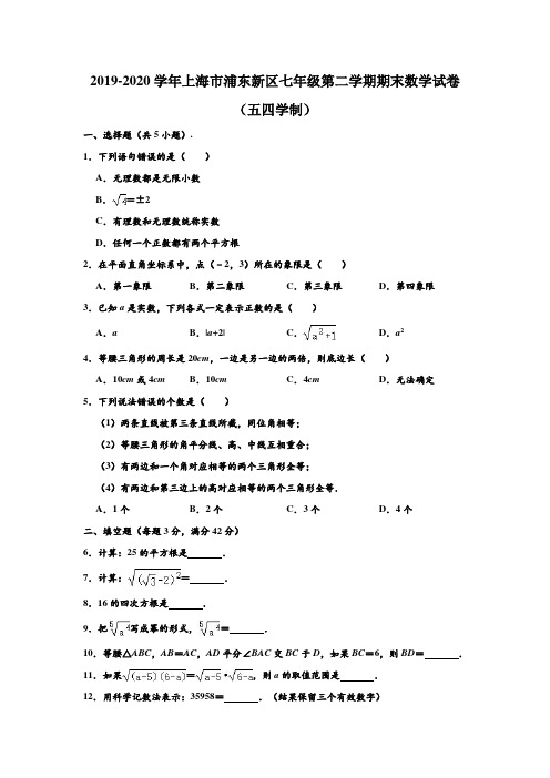 2019-2020学年上海市浦东新区七年级下学期期末数学试卷(五四学制) (解析版)