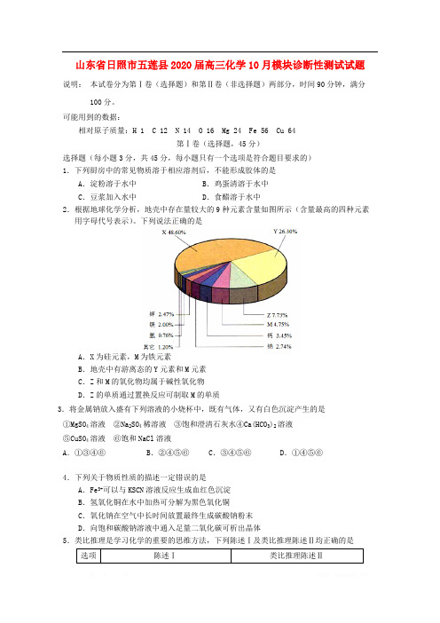 山东省日照市五莲县2020届高三化学10月模块诊断性测试试题