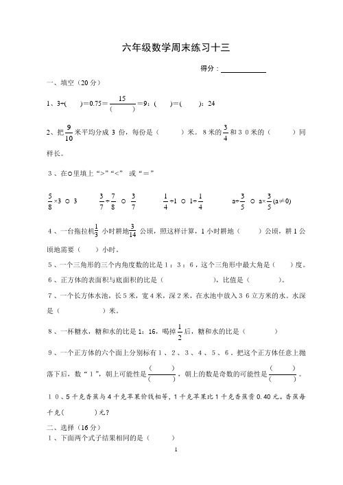 六年级数学周末练习十三