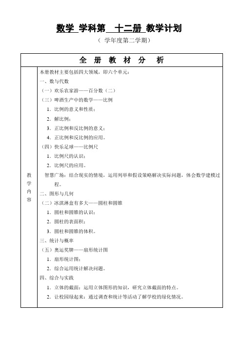 青岛版小学数学六年级下册教学计划