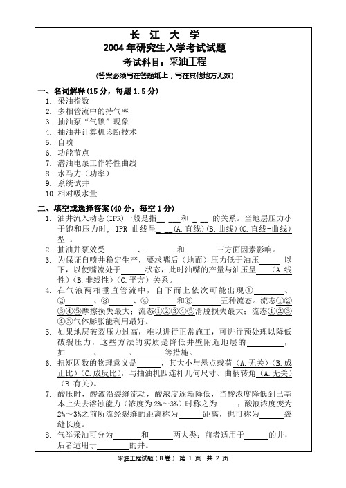 长江大学考研真题2004研究生试题B