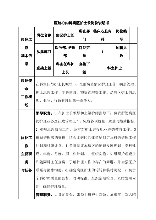 医院心内科病区护士长岗位说明书