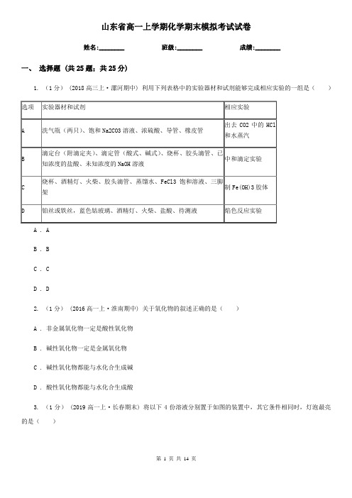 山东省高一上学期化学期末模拟考试试卷