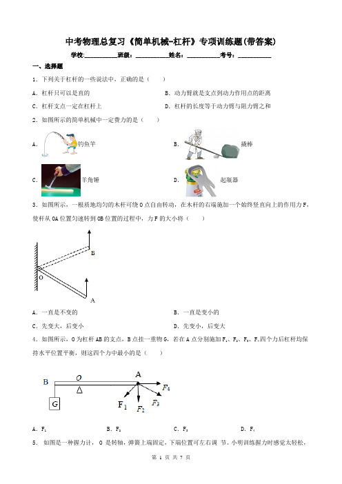 中考物理总复习《简单机械-杠杆》专项训练题(带答案)