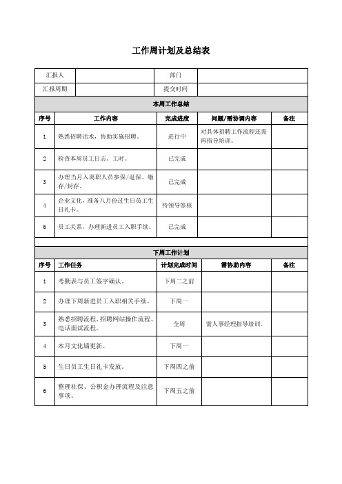 工作周计划及总结表