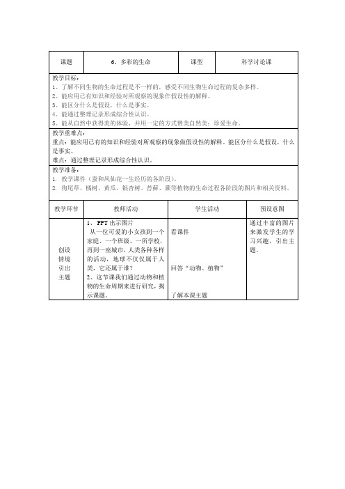 五年级科学下册教案  有趣的动物《6 多彩的生命》    鄂教 版