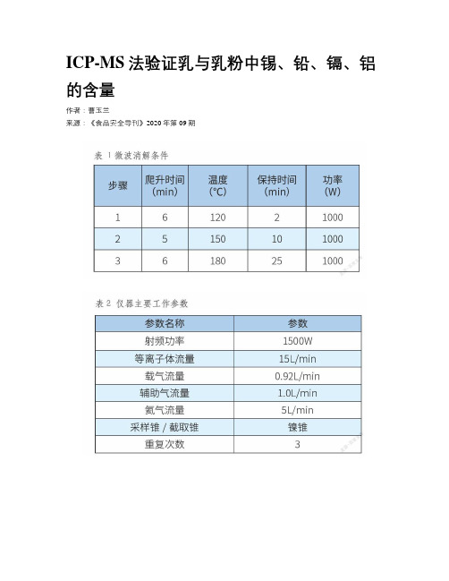 ICP-MS法验证乳与乳粉中锡、铅、镉、铝的含量