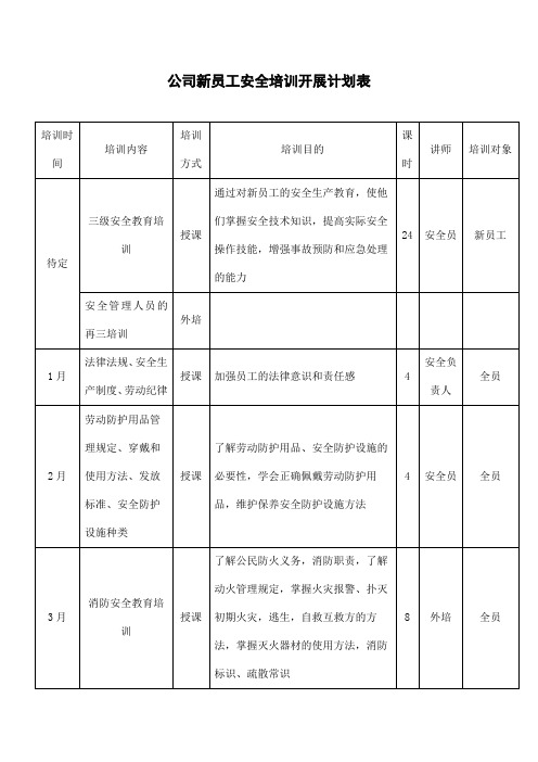 公司新员工安全培训开展计划表