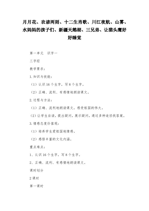 月月花、农谚两则、十二生肖歌、川江夜航、山雾、水妈妈的孩子们、新疆天鹅湖、三兄弟、让猫头鹰好好睡觉