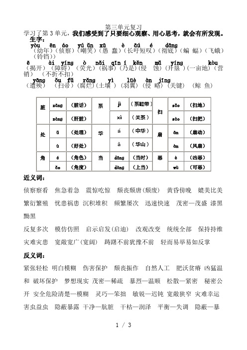 人教版四年级语文下册第三单元复习要点