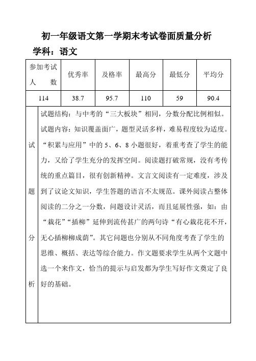 初一年级(上)期末语文质量分析