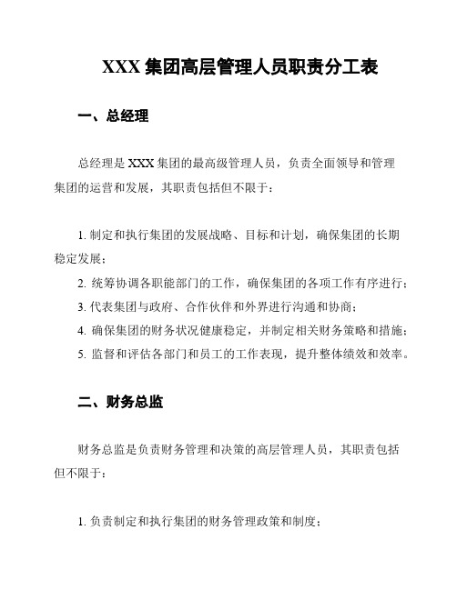 XXX集团高层管理人员职责分工表