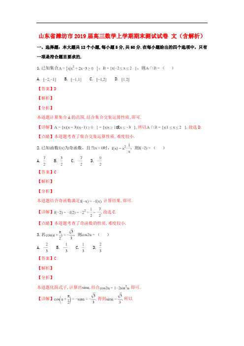 山东省潍坊市2019届高三数学上学期期末测试试卷文(含解析)