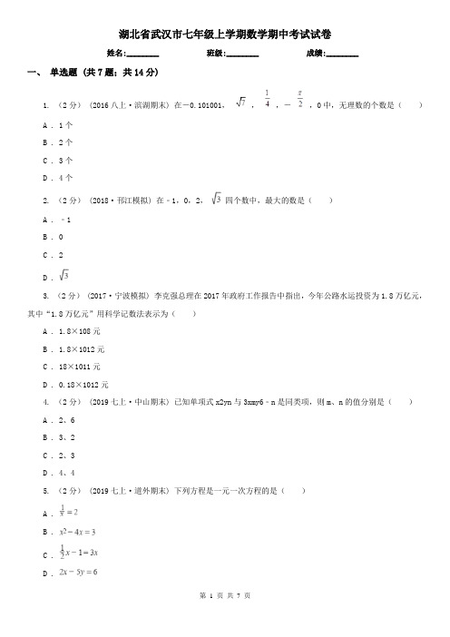 湖北省武汉市七年级上学期数学期中考试试卷