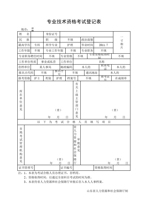 专业技术资格考试登记表 