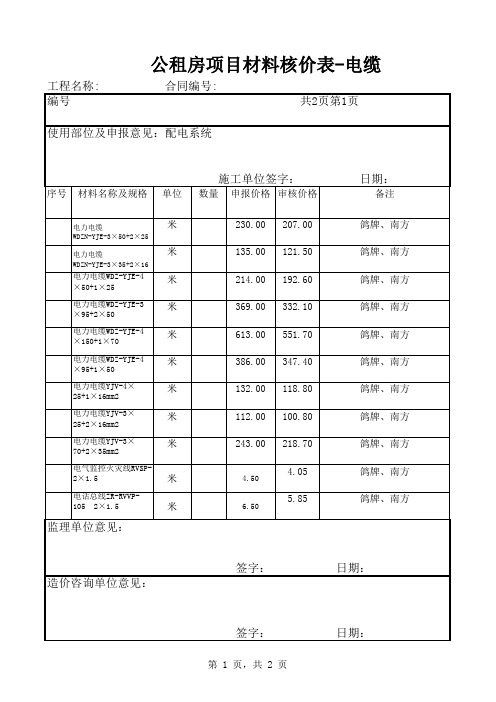 项目材料核价表-电缆  