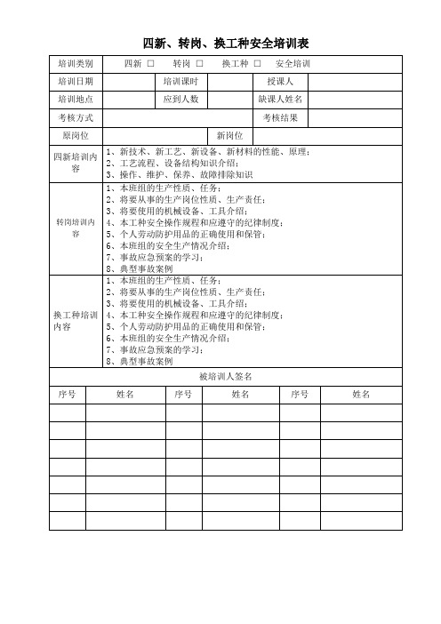 四新、转岗、换工种安全培训表1