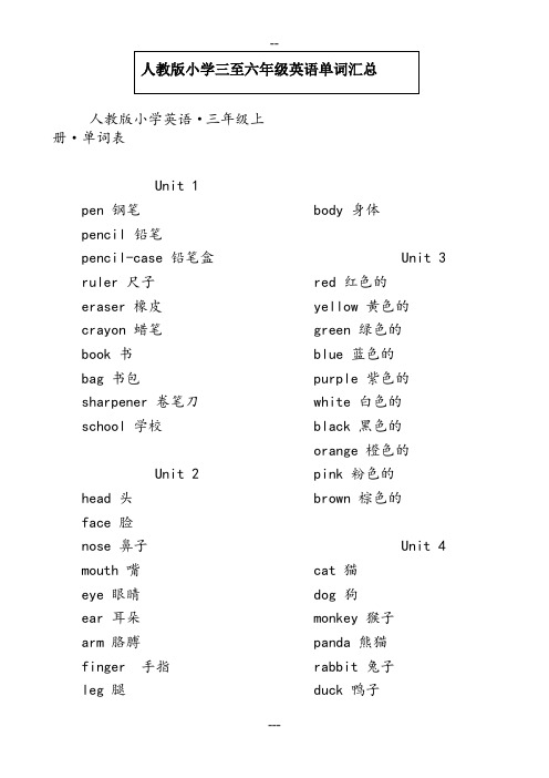 人教版小学三至六年级英语单词汇总