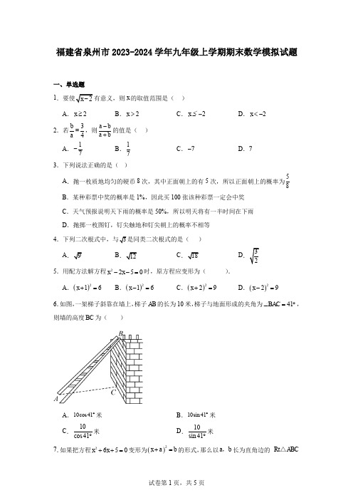 福建省泉州市2023-2024学年九年级上学期期末数学模拟试题