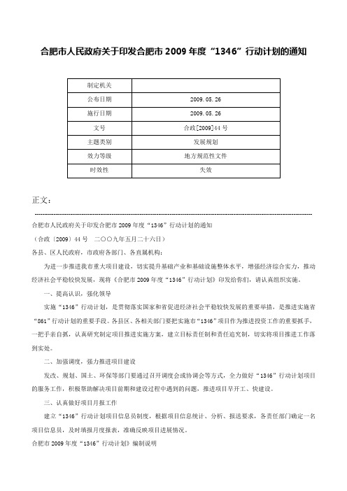 合肥市人民政府关于印发合肥市2009年度“1346”行动计划的通知-合政[2009]44号