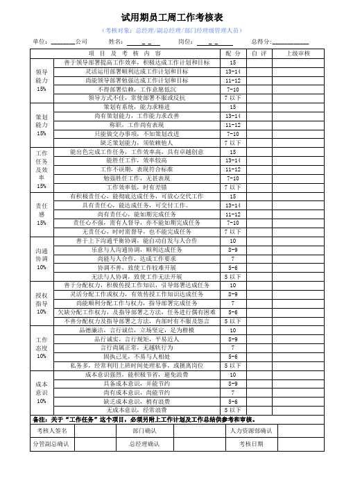 试用期员工周工作考核表