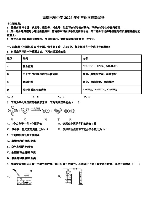 重庆巴蜀中学2024届中考化学押题试卷含解析