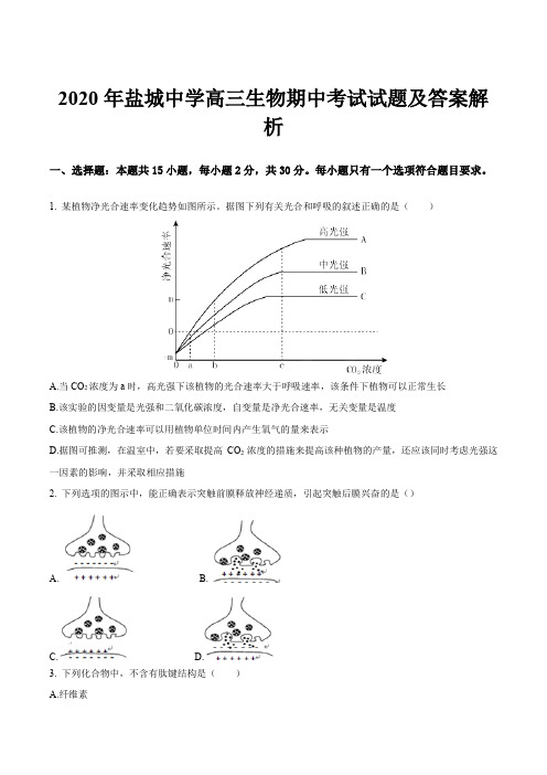 2020年盐城中学高三生物期中考试试题及答案解析