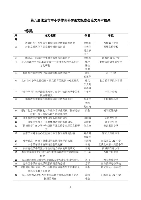 第八届北京市中小学体育科学论文报告会论文评审结果