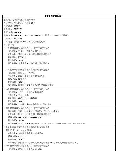 北京车管所及缴税、机动车检测场名录大全