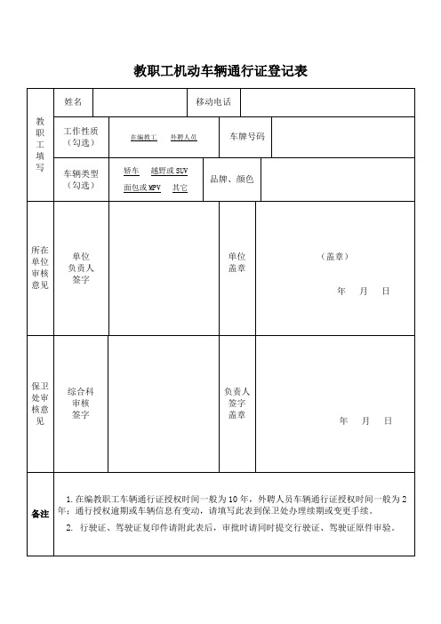 教职工机动车辆出入登记表