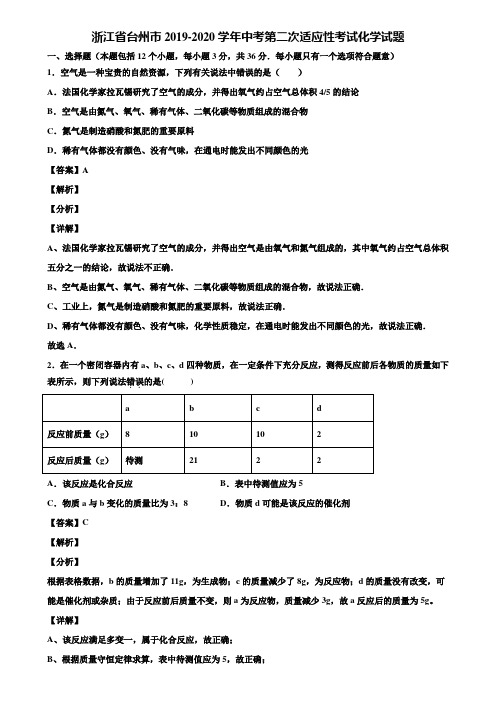 浙江省台州市2019-2020学年中考第二次适应性考试化学试题含解析