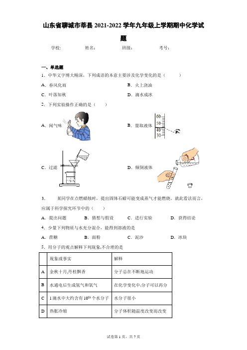 山东省聊城市莘县2021-2022学年九年级上学期期中化学试题(word版 含答案)