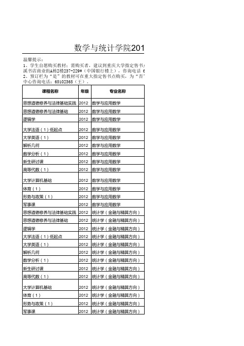 重庆大学大一新生教材清单--数学与统计学院