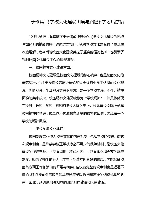 于维涛 《学校文化建设困境与路径》学习后感悟