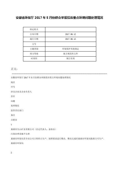 安徽省环保厅2017年5月份群众举报投诉重点环境问题处理情况-