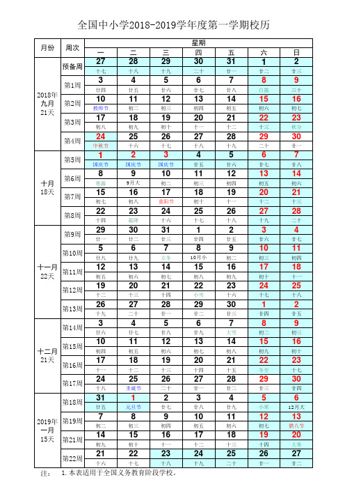 全国中小学2018-2019学年度第一学期校历