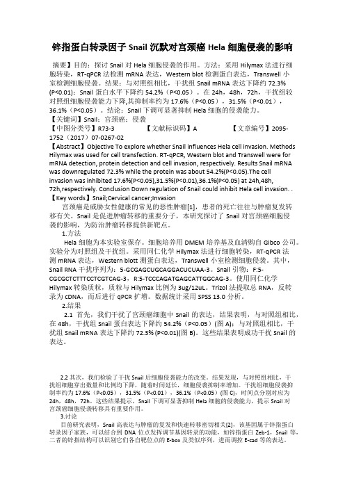 锌指蛋白转录因子Snail沉默对宫颈癌Hela细胞侵袭的影响